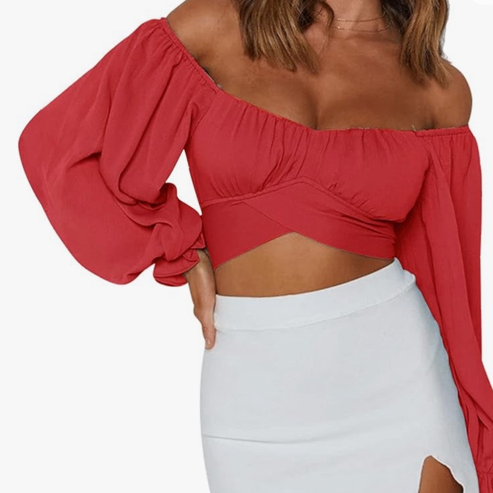 Off Shoulder Long Sleeve - Self Tie Knot Crop Top Blouse XL Red